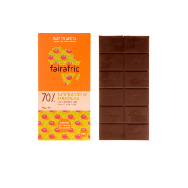 FAIRAFRIC Zartbitter Schokolade 70% mit Kakaosplittern BIO 80g