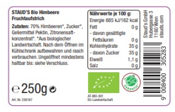 STAUD's BIO Himbeer Fruchtaufstrich 250g